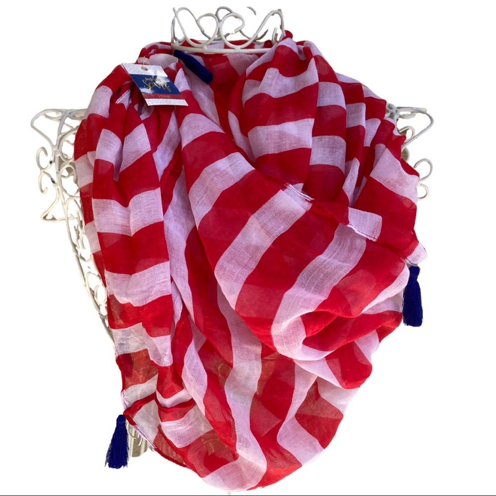 Four NWT Red & White Scarves with Blue Tassels